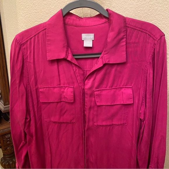 CHICO’S Women Pink Fuchsia 100% Modal Button Long Sleeve Top Size 2 (12/14) - Picture 2 of 7